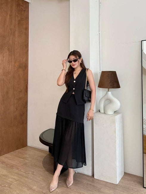 V-neck Sleeveless Blouse With Skirts Sets